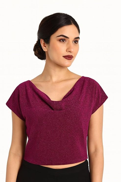 Elegant Draped V-Neck Crop Top, Burgundy Shimmer, Short Sleeve
