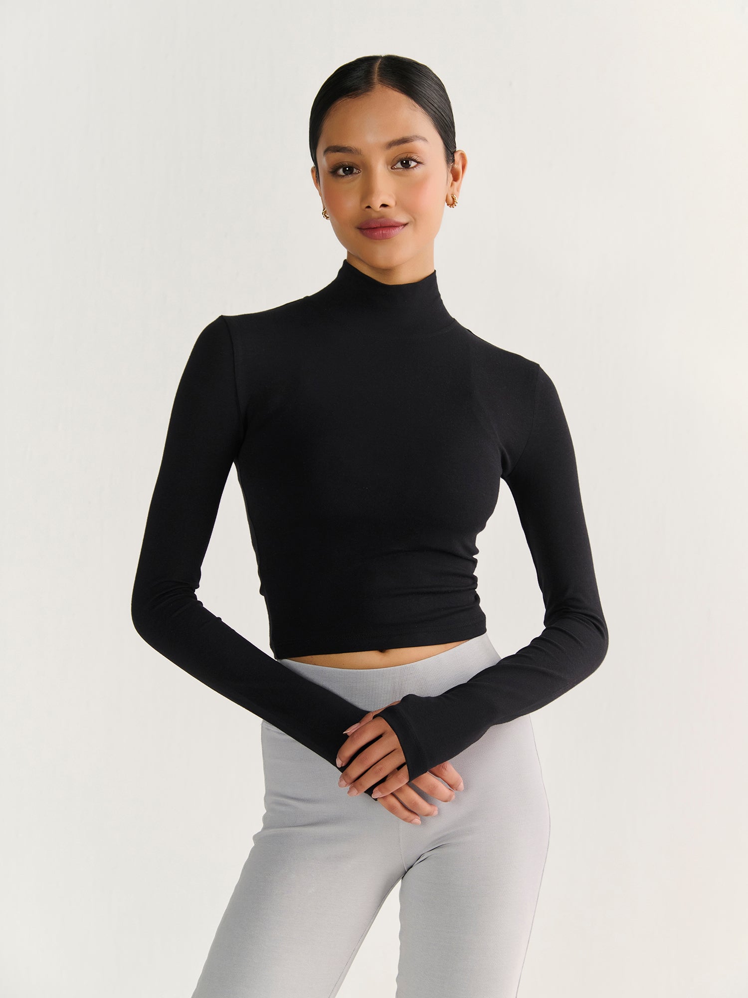 High Neck Long Sleeve Crop | Black